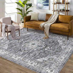 GARVEE 8x10 Area Rug Vintage Distressed Machine Washable Area Rug for Living Room Bedroom Traditional Medallion Floral Non-Slip Stain Resistant Accent Rug Carpet for Floor Decoration, Grey