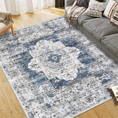 GARVEE Area Rug 8x10 Washable Rug Oriental Washable Living Room Rugs Large Vintage Medallion Distressed Carpets Soft Floor Anti Slip Carpet for Under Dining Table Bedroom Farmhouse Home Office,Blue