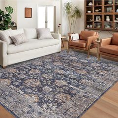 GARVEE Area Rug 9x12 Washable Rugs for Living Room Large Vintage Rug Oriental Indoor Floor Carpet Non-Slip Backing Foldable Thin Rug Retro Floral Print Distressed Carpet for Bedroom Dining Blue