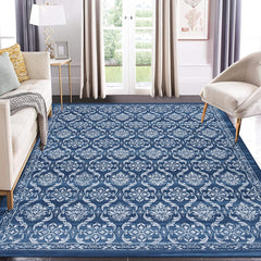 GARVEE Modern Floral Area Rug 9x12 Washable Rug Non Slip Colorful Accent Rug Distressed Throw Carpet Boho Floral Living Room Rug Vintage Foldable Thin Rug for Bedroom Home Office Floor Decor Blue