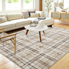 GlowSol Washable Rug 5x7 Area Rugs Modern Beige Rug Tartan Plaid Area Rug Farmhouse Non Slip Floor Mat Ultra Soft Area Rugs for Living Room Bedroom Decor Office Dining Room Beige 5'x7'