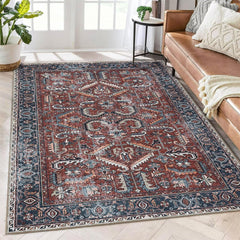 GARVEE Vintage Rug 5x7 Machine Washable Rug Non Slip Non Shedding Throw Rug Ultra-Thin Antique Collection Area Rug Stain Resistance Living Room Rug for Apartment Playroom, Red/Navy