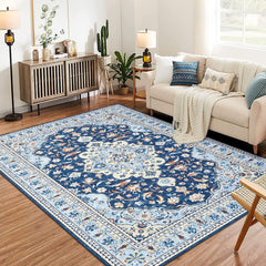 GARVEE Washable Area Rug 9x12 Rugs for Living Room Bedroom Dining Room, Ultra-Thin Vintage Large Area Rug for Home Office Floor Decor, Stain Resistant Non Slip Backing Carpet, Blue