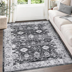 GARVEE 9x12 Area Rug Large Machine Washable Area Rug Vintage Distressed Floral Accent Rug Stain Resistant Non-Slip Carpet Retro Floor Cover Rug for Living Room Home Decor, Grey