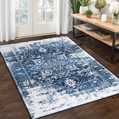 Garvee Washable Rug 9x12 Vintage Distressed Rug Non Slip Non Shedding Area Rug Machine Washable Indoor Carpet Foldable Accent Rug Low Pile Rug for Bedroom Living Room, Navy