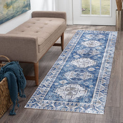 GARVEE Runner Rug 2x6 Feet Washable Non-Slip Vintage Medallion Hallway Runner, Stain Resistant Traditional Distressed Kitchen Mat Laundry Entryway Carpet Runner for Doorway Bedside, Blue