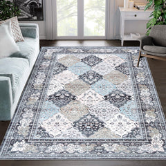 GARVEE Area Rug 9x12 Washable Living Room Rug Moroccan Trellis Area Rug Non Slip Distressed Rugs Vintage Floral Print Accent Throw Rug for Living Room Bedroom Office, Blue