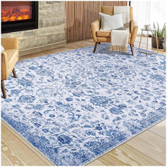 GARVEE 5x7 Rug for Living Room Washable Rugs Boho Rug for Bedroom Vintage Rug Non Slip Carpet Floral Throw Rugs Stain Resistant Office Rug Classroom Rug 5'x7' Blue