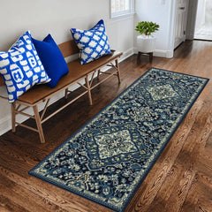 GARVEE Blue Rug Runner for Hallway Floral Rug Non-Shedding Large Carpet Oriental Distressed Antique Long Rug for Bathroom Living Room 2 x 8 Kitchen Runner Rug Long Mat, Blue Distressed