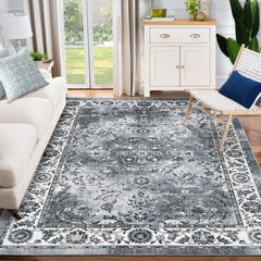 GARVEE Area Rug 8x10 Living Room Floor Carpet, Low Pile Vintage Pearl Velvet Rug with Anti-Slip Backing, Machine Washable Soft Rug for Bedroom, Dining Room, Nursery Room, Gray Tones