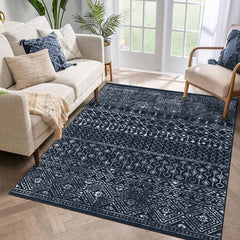 GARVEE Washable Area Rug, Moroccan Farmhouse Neutral Geometric Stain Resistant Rug for Living Room Bedroom Low Pile Water Repellent Ultra Soft Faux Wool Black 5x7