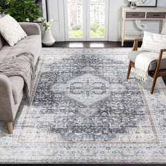 GARVEE Large Area Rug 9x12 Vintage Distressed Rug Non Slip Washable Rug Ultra-Thin Soft Rug Stain Resistant Area Rug Low Pile Throw Carpet for Farmhouse Office, Grey