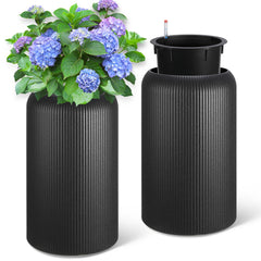 GARVEE 29 Inch Tall Round Planters Set of 2 Flower Pots with a Water Level Monitor, Self Watering Insert and 2 Trays, for Living Room, Bedroom Office, Patio, Porch, Garden, Black