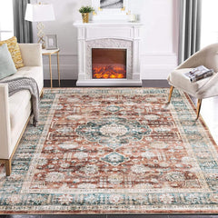 GARVEE Area Rugs 9x12 Living Room Washable Rug Vintage Medallion Rug Indoor Distressed Print Rug Soft Non Slip Throw Carpet Oriental Aesthetic Rug Boho Foldable Thin Rug for Bedroom Home Office Red