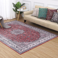 GARVEE Area Rug 4x6 Vintage Floral Medallion Rug Machine Washable Indoor Entry Mat Distressed Print Low-Pile Living Room Carpet Non Slip Soft Throw Rug for Bedroom Bedside Kitchen, Rust Red