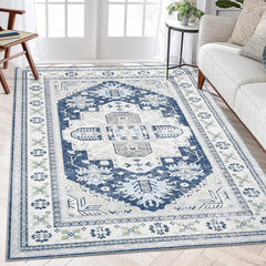 GARVEE Area Rug 5x7 Vintage Area Rug Washable Rug Non Slip Indoor Carpet Floral Print Distressed Carpet Foldable Thin Rug for Living Room Bedroom Home Decor, Blue, 5’x7’