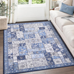 GARVEE Area Rug 5x7 Washable Rug Boho Rugs for Bedroom Living Room Rugs Non Slip Low Pile Carpet Vintage Bohemian Distressed Indoor Floor Cover Print Carpet, Blue