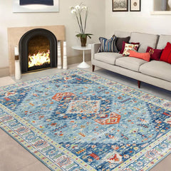 GARVEE Living Room Area Rug, 8x10 Large Boho Bedroom Rug Soft Non Slip Dining Room Carpet Distressed Non Shed Oriental Floorcover Traditional Print Floor Carpet for Kitchen Dorm, Light Blue