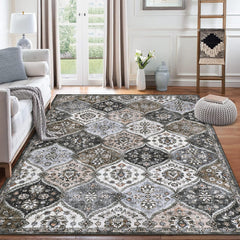 ROYHOME 10x13 Area Rug Extra Large Moroccan Trellis Machine Washable Rug Vintage Medallion Distressed Accent Rug Stain Resistant Non-Slip Floor Cover Carpet Rug for Living Room, Grey/Taupe