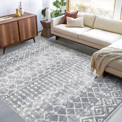 GARVEE 9x12 Bohemian Moroccan Rug - Washable, Non-Slip, Polyester, Stain Resistant, Grey/Ivory, Living Room/Bedroom