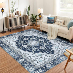 GARVEE Washable Vintage Floral Area Rug 3x5- Non-Slip Print, Non-Shedding, Soft Foldable Carpets for Dining Room, Bedroom, Living Room, Kitchen Entryway, Blue