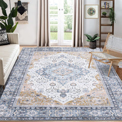 GARVEE 9x12 Area Rug Large Vintage Distressed Machine Washable Area Rug for Living Room Traditional Medallion Non-Slip Stain Resistant Accent Rug Carpet for Floor Decoration, Blue/Yellow