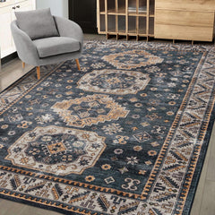 GARVEE 9x12 Large Area Rug Bedroom Rug Indoor Oriental Living Room Rug Boho Vintage Tribal Area Rugs Washable Non Slip Area Rug Distressed Carpet for Bedroom Kitchen Home Office, Blue 9' x 12'