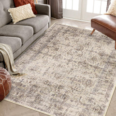 GARVEE Washable Area Rug 8x10 Vintage Distressed Living Room Rug Non Slip Low Pile Rug Indoor Floor Carpet Large Accent Rug Soft Carpet for Dining Room Bedroom Office, Beige