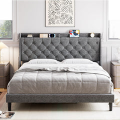 GARVEE Queen Size Bed Frame with Charging Station, Storage Shelf, Upholstered Platform, Button Tufted, No Box Spring, Easy Assembly, 7 Sturdy Legs, 16