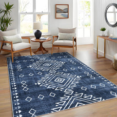 GARVEE Area Rugs 5x7 Washable Rug Vintage Rug Farmhouse Throw Rugs with Non-Slip Backing Soft Diamond Print Tribal Low Pile Accent Rugs Retro Foldable Thin Carpet for Living Room Bedroom Blue