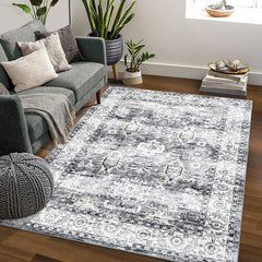 GARVEE 9x12 Living Room Rug Vintage Distressed Floor Cover Indoor Non-Slip Large Throw Carpet Rug Oriental Boho Accent Rug Washable Stain Resistant Rug for Bedroom Nursery Home Office Decor, Grey