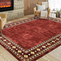 GARVEE Modern Rug 9x12 Large Geometric Bordered Area Rugs for Living Room Bedroom Low Pile Office Border Rug Minimalist Abstract Carpet Non Slip Farmhouse Area Rugs Red