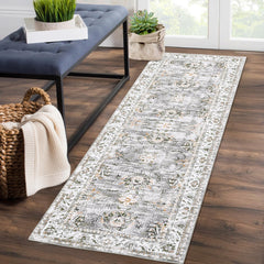 Garvee Runner Rug 2x6 Feet Washable Vintage Medallion Floral Hallway Runner, Non-Slip Stain Resistant Area Rug Traditional Distressed Kitchen Mat Entryway Carpet Runner for Bedside, Grey