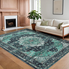 GARVEE Machine Washable Area Rugs 5x7 Vintage Floor Carpet with Non-Slip Backing, Stain-Resistant Oriental Soft Low Pile Carpet, Distressed Accent Carpet for Laundry, Bedroom, Office, Green