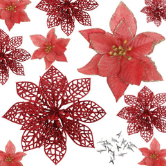 GARVEE 24 Pieces Christmas Glitter Poinsettia with Clips Christmas Poinsettia Decorations Artificial Poinsettia Flowers Ornament Christmas Flowers for New Year Wedding Home Decoration 5.9inch/15cm Red