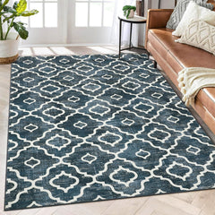 GARVEE Washable Rug 8x10 Large Living Room Rug Boho Rug Modern Geometric Area Rugs for Bedroom Distressed Office Floor Carpet Low Pile Non Slip Dining Room Area Rugs Farmhouse Rug Blue Trellis Rug