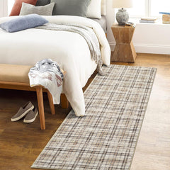 GlowSol Modern Trellis Washable Runner Rug 2x6 Farmhouse Plaid Rug Non Slip Kitchen Runner Rugs Bath Mat Tartan Soft Area Rug for Bedroom Throw Rugs for Hallway Laundry Room Entryway Rug 2'x6' Beige