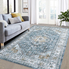 GARVEE 8x10 Area Rug Vintage Distressed Machine Washable Area Rug for Living Room Bedroom Traditional Medallion Floral Non-Slip Stain Resistant Accent Rug Carpet for Floor Decoration, Blue