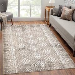 GARVEE Washable 9x12 Geometric Non-Slip Rug - Modern Moroccan Style, Polyester, Pet & Child Friendly, Machine Washable, Coffee