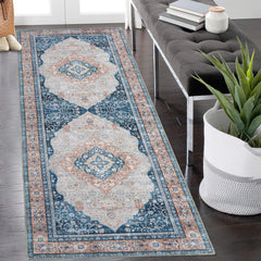 GARVEE Runner Rug 2x6 Feet Washable Vintage Medallion Hallway Runner, Non-Slip Stain Resistant Area Rug Traditional Distressed Kitchen Mat Entryway Carpet Runner for Doorway Bedside, Blue