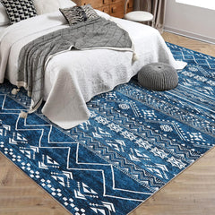 GARVEE Large Moroccan Area Rug, 5x7 Super Soft Ultra-Thin Boho Indoor Floor Carpet, Anti-Slip Foldable Machine Washable Geometric Rug for Living Room Under Dining Table Home Office House Decor, Blue