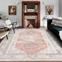 GARVEE Washable Rug 9x12 Vintage Oriental Rug Non Slip Indoor Carpet Ultra-Thin Stain Resistant Area Rug Low Pile Distressed Vintage Soft Carpet for Living Room Bedroom, Light Orange