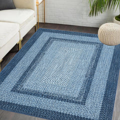 GARVEE Washable 10x13 Rug, Boho Braided, Non-Slip, Low Pile, Polyester, Foldable, Blue, Living Room, Bedroom, Office