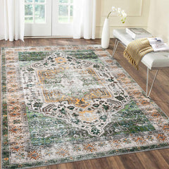 GARVEE 9x12 Area Rugs Boho Rug Washable Rug Soft Large Area Rug Non-Slip Vintage Distressed Rug for Living Room Bedroom Farmhouse Dining Room Playroom Office, Thin Carpet Medallion Rug 9x12, Green