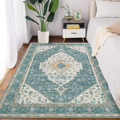 GARVEE Vintage Medallion Print Boho Area Rug, Washable Low Pile Carpet with Non-Slip Rubber Backing, Foldable Non-Shedding Floor Mat for Dining Room, Office, Bedroom, Living Room, Grey-Green,4 x 6