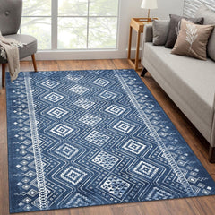 GARVEE Boho Washable Rug 4x6 for Living Room - Non-Slip Rubber Backing, Ultra Soft Faux Cashmere, No Shedding, Blue, Ideal for Bedrooms & Offices