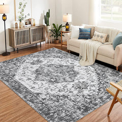 GARVEE Vintage Area Rug for Living Room, 9x12 Low-Pile Machine Washable Rug, Non-Shedding Ultra-Thin Stain Resistant Indoor Floor Rugs with Non Slip Rubber Backing for Dining Room Bedroom, Grey