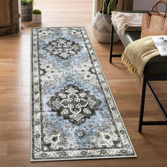 GARVEE Area Rug 2x6 Washable Hallway Runner Rug Non-Slip Entryway Laundry Rug Runner Non Shedding Floor Carpet Vintage Rugs for Hallway Bedroom Kitchen Bathroom, Blue/Grey