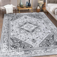 GARVEE Bohemian Floral Medallion Area Rug 5x7 Oriental Blue Large Bedroom Rug, Soft Non-Slip Washable Dining Room Mat Indoor Nursery Floor Carpet for Guest Room Entryway, 5x7 Blue - Grey / 4'x6'