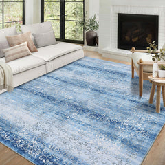 GARVEE Washable Area Rug 8x10 Rug for Living Room Non Slip Large Area Rug for Bedroom Vintage Floral Rug Distressed Blue Rug Chenille Carpet Stain Resistant Throw Rugs for Dining Room Blue 8'x10'